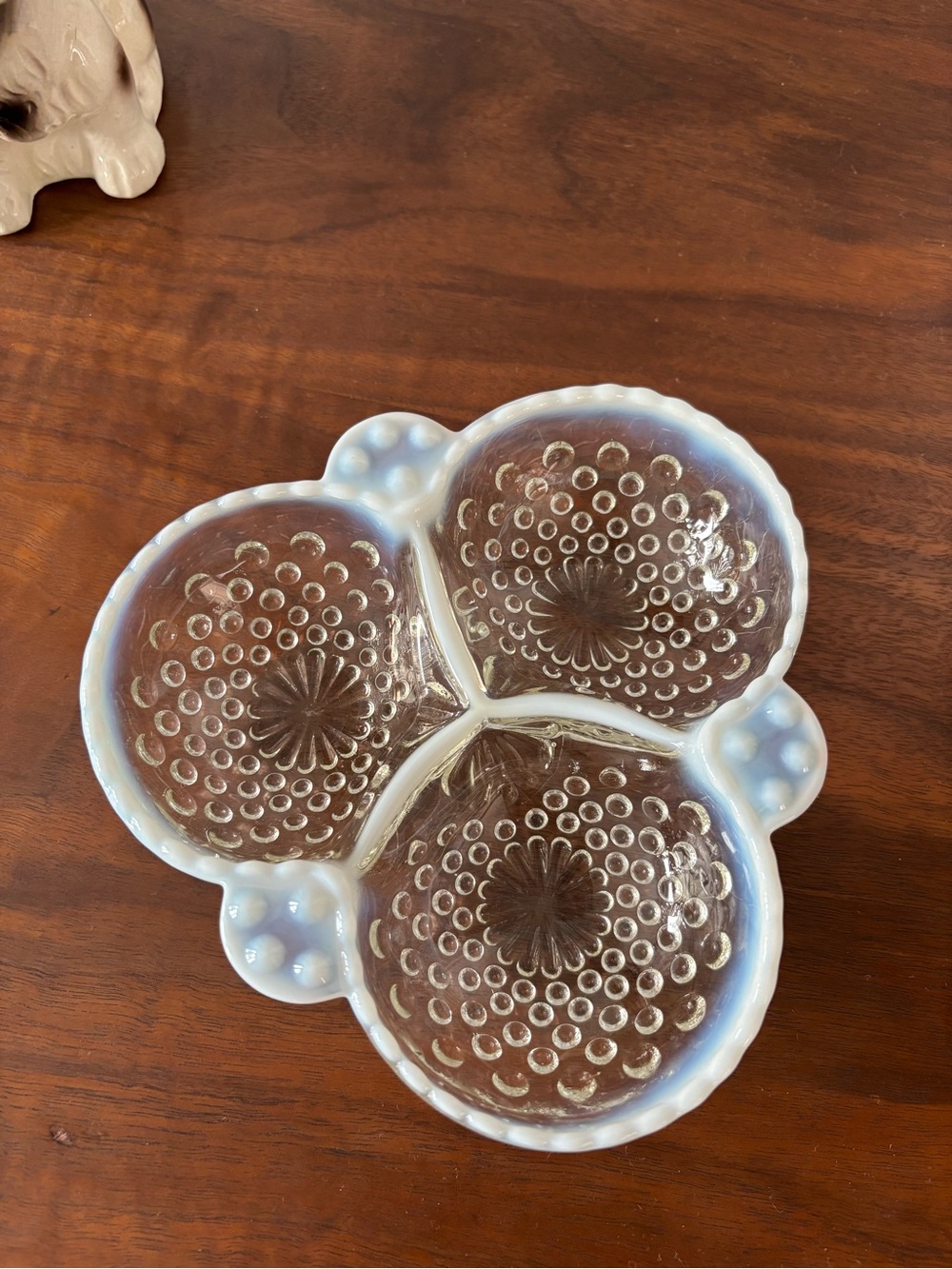 1940s 50s Vintage French Opalescent Hobnail Glass Trinket Jewlery Dish